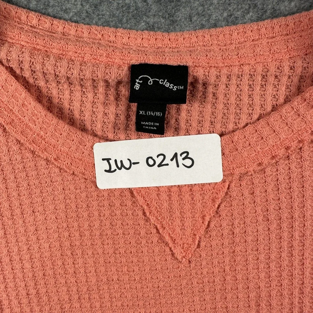 Art Class Waffle Knit Long Sleeve Top XL (14/16) Coral Pink Textured Thermal